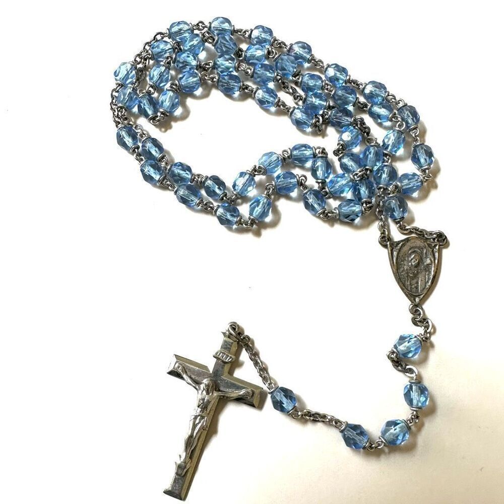 Blue beaded silver tone rosary